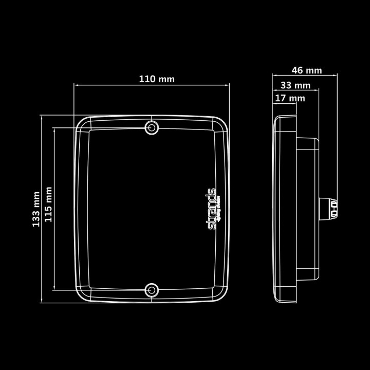 Dimensions et montage du feu arrière LED FOR9T Illusion 3 fonctions, STRANDS